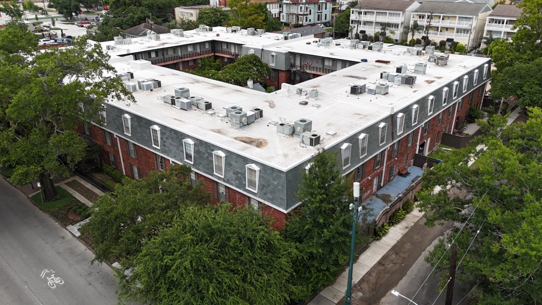 Aerial drone photo of commercial roofing project, Houston, TX